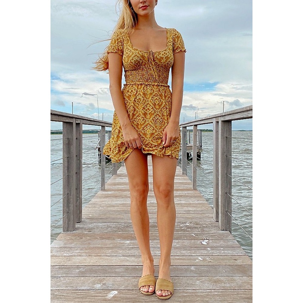 Urban Outfitters Charlie‎ Mustard Yellow Damask Floral Smocked Knit Mini Dress M